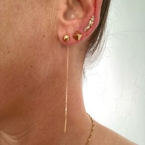 Celebrity Stylist Minimalist Solid Real Gold Ball Threader Threaders Earrings